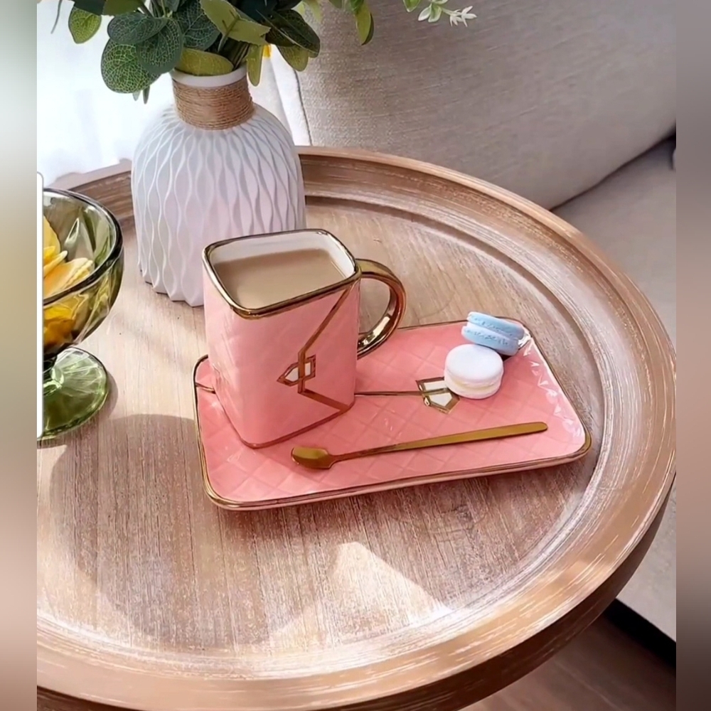 NIB 🔥3 pcs Pink Ceramic Mug Bag + Long Gold Color Spoon & Pink Tray  Gifts Set